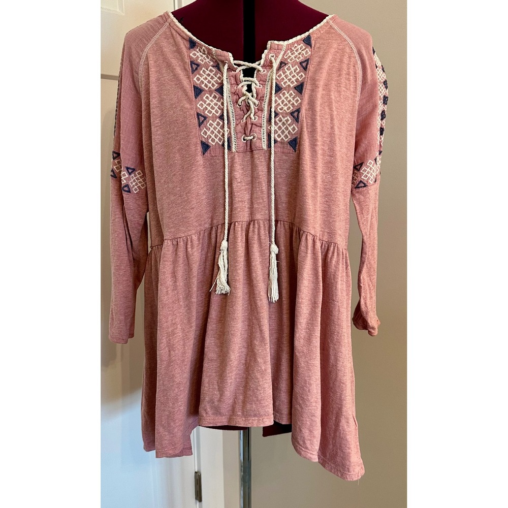 Hannah Embroidered Lace Up Tunic Top Rose Boho Peplum Large/Cottagecore/Tassels